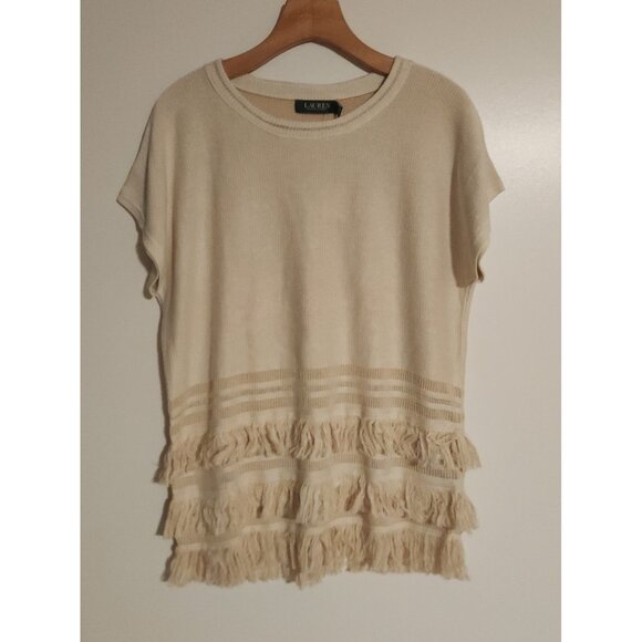Lauren Ralph Lauren Fringe Trim Top Sweater Cream Boho Festival Size Small NWT - Picture 8 of 16